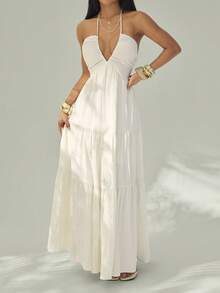 SHEIN PETITE 女士浪漫印花沙滩度假露背吊带V领褶皱A字连衣裙，适合夏季夏威夷度假，也适合女士夏季连衣裙、下午茶会连衣裙和白色毕业礼服。 - 白色 - 查看 6