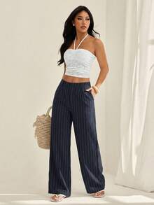 SHEIN PETITE Quần ống rộng xếp ly kẻ sọc dáng suông thoải mái dành cho nữ - Màu xanh hải quân - Xem 7