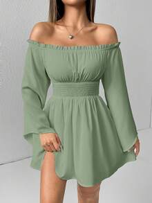 SHEIN PETITE Đầm trắng trễ vai, tay bồng xếp nếp, tay chuông - màu xanh lá - Xem 4