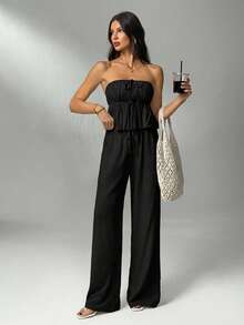 SHEIN Tall 女款時尚純色百褶抹胸上衣與長褲兩件套，適合高個女性 - 黑色 - 查看 5