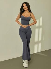 SHEIN PETITE 夏季黑色蕾丝拼接吊带裤+喇叭裤女士修身两件套 - 深灰色 - 查看 7