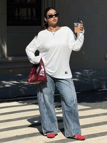 SHEIN EZwear Áo thun cổ tròn tay dài màu trắng cỡ lớn thường ngày rộng rãi - trắng - Xem 5