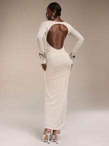 Normani Women's Solid Color Boat Neck Pleated Backless Elegant Minimalist Dress For Formal Occasions White Backless Dress Open Back Dress Bodycon Maxi Dress Women White Sexy Dress Women Elegant White Dress Curve - Beige - View 1