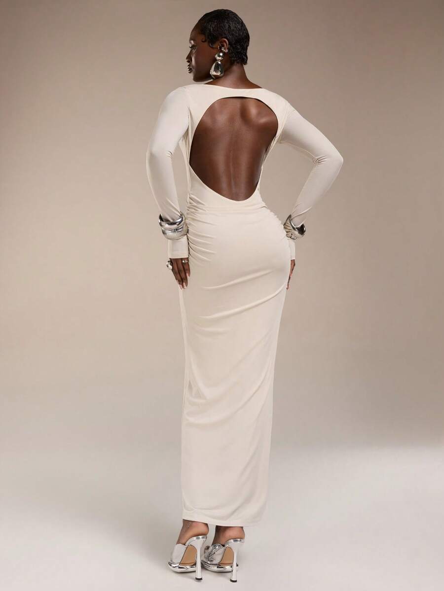 Normani Women's Solid Color Boat Neck Pleated Backless Elegant Minimalist Dress For Formal Occasions White Backless Dress Open Back Dress Bodycon Maxi Dress Women White Sexy Dress Women Elegant White Dress Curve - Beige - View 1