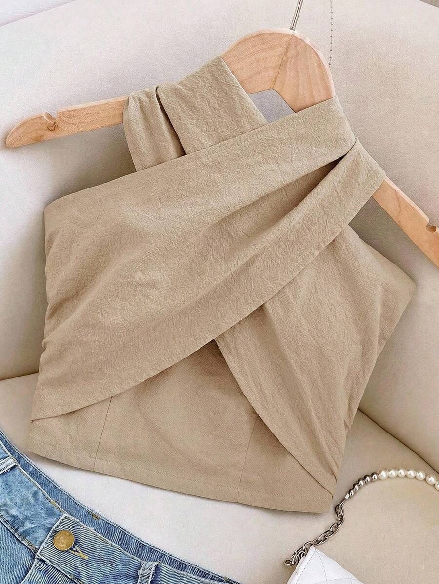 SHEIN Teen Girls' Woven Criss-Cross Back Cinched Waist Cropped Casual Tank Top, Spring/Summer - Khaki - View 1
