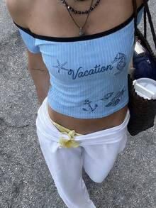 INAWLY Áo trễ vai phối viền tương phản phong cách Y2K, áo thun ngắn tay ôm sát in hình sao biển và cá ngựa, kiểu dáng gợi cảm, thích hợp cho kỳ nghỉ hè, dành cho nữ. - Màu xanh lam - Xem 3