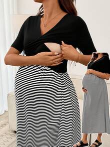 SHEIN Vestido de enfermería casual de maternidad con cuello en V, manga corta, a rayas y parches - Negro - Ver 1