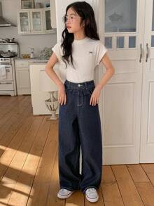 DAZY Tween Girls' Patchwork Ruffle Hem Pocket Wide Leg Loose Casual Jeans - Dark Wash - View 3