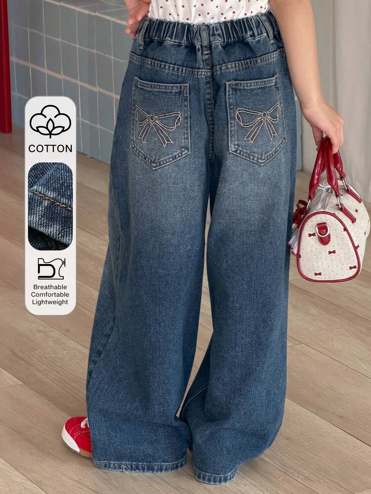 Girls' Bow Embroidered Denim Jeans