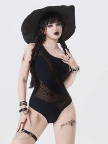 ROMWE Goth Women's Black Wavy Mesh Splice One-Piece Swimsuit, Slim Fit, Spring/Summer - Black - View 4