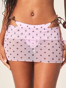 MISSGUIDED 波点网纱迷你裙罩衫，侧边系带设计，适合海滩和泳池穿着 - 紫色 - 查看 5