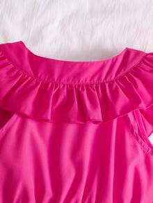 SHEIN 1件女童优雅纯色V领荷叶边无袖上衣。胸前饰有可拆卸蝴蝶结，适合春夏旅行、度假、海滩穿着。 - 玫紅色 - 查看 4