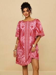Travachic Đầm nữ cỡ lớn in họa tiết nhiệt đới phong cách Bohemian, dáng rộng, cổ tròn, tay ngắn, thích hợp cho mùa thu và các dịp lễ hội. - Màu Hồng Tươi - Xem 4