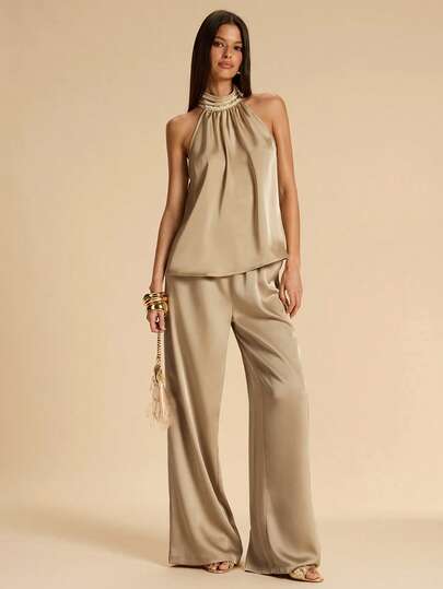 SHEIN BAE Áo hai mảnh màu kaki nhạt cổ yếm phối cùng quần satin, bộ đồ satin thanh lịch dành cho nữ mùa hè, trang phục đi chơi, trang phục dự đám cưới, phong cách nữ tính Pháp tinh tế, bộ đồ satin hai mảnh, bộ đồ satin màu mơ thanh lịch, phong cách quý tộc cổ điển, bộ đồ dự tiệc brunch.