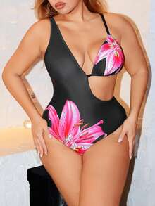 Swim SXY Plus Size Women Floral Print Spaghetti Strap Sexy Beach One-Piece Swimsuit - Multicolor - View 3