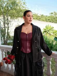 SHEIN MOD Plus Size Women Red Date Night Fishbone Tight Corset Solid PU Leather Tube Top - Burgundy - View 7