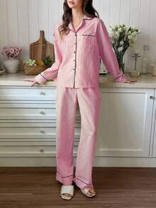 Snug Reverie Minimalist Slouchy Girl Style Yellow Striped Pajama Set, Long Sleeve Top And Pants, Elegant Home Wear, Spring/Autumn - Pink - View 4