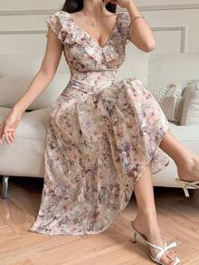 DAZY Women's Elegant Floral Ruffle V-Neck Mid-Length Dress, Summer - Purple - View 4