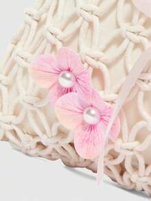 ROMWE Kawaii 时尚纯色珍珠镂空DIY发夹蝴蝶结甜美风格编织假日风单肩女包 - 米色 - 查看 5