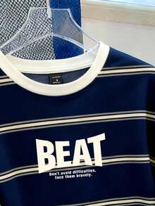 Manfinity Joysei Áo thun nam kẻ sọc xanh dương, kiểu dáng thường ngày, thích hợp cho đi học và đi chơi. - Màu xanh lam - Xem 4