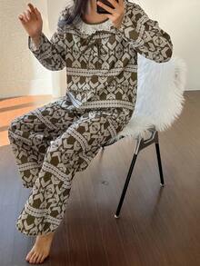 DAZY 几何图案印花荷叶边宽松女士睡衣套装 - 軍綠色 - 查看 6