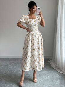 Modelyn Women's Short Petal Sleeve Fashionable Romantic New Yellow Jacquard Fabric Dress - Light Yellow - View 6