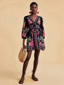 Travachic Women's Fitted V-Neck Mini Dress With Printed Woven Fabric, Suitable For Spring/Summer Vacation,Vacation Casual Terno Outfit For Women,Summer Holiday Outfits,Spring Break Outfits,Party Outfit,Beach Outfit,Spring Clothing,Valentine's Day,Valentine Outfits For Women,Carnival Costume,Elegant,Floral,Carnival,Spring To Summer ,Party ,Summer Dress,Valentine's Day Dress,Wedding Guest Dress For Women,Birthday Dress,Party Dress,Elegant Dresses For Women,Floral Dress,Summer Dress,Carnival Costume,Red Dress, Mexican Style Dress Women Boho Dress For Women Flower Dress Woman Hibiscus Dress 3d Floral Dresses For Women - Multicolor - View 3