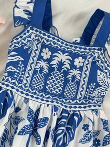 Travachic KIDS Vestido sin mangas con estampado floral y volantes en el bajo para niñas preadolescentes en vacaciones de verano - Azul - Ver 4