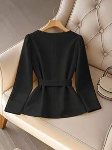 GlowEve CURVE Rhinestone Embellished Square Collar Cute Bow Plus Size Blouse - Black - View 2
