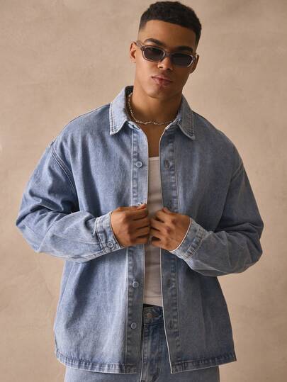 Musero Oversized Collared Button Through Long Sleeve Drop Shoulder Denim Top Spring Summer Essentials