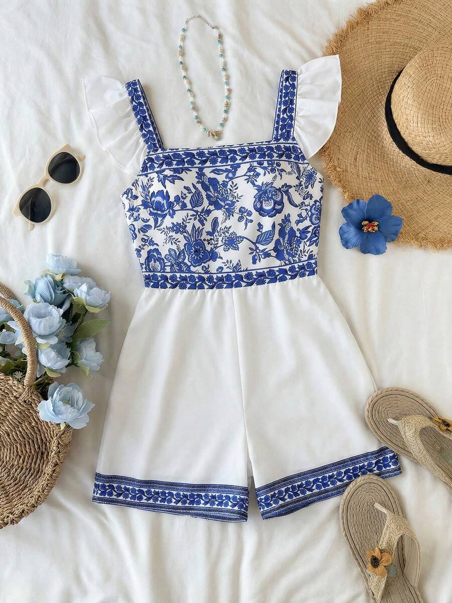 SHEIN ChillGRL Teen GirlVacation Cap Sleeve Tie-Front Jumpsuit - Blue - View 1