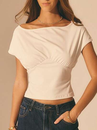 Aralina Camiseta de mujer con cuello barco, cintura ceñida y escote ancho con pliegues, top blanco de uso diario, apto para salir y para el trabajo, camiseta ajustada