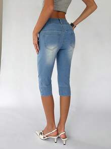 TRNVIE Fashionable Casual Wide Waistband Low Waist 7/8 Length Jeans - Light Wash - View 2