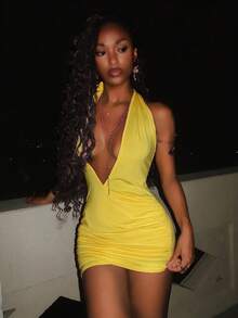 EgrlEra Women's Fashionable Deep V-Neck Yellow Knit Dress - Yellow - View 4