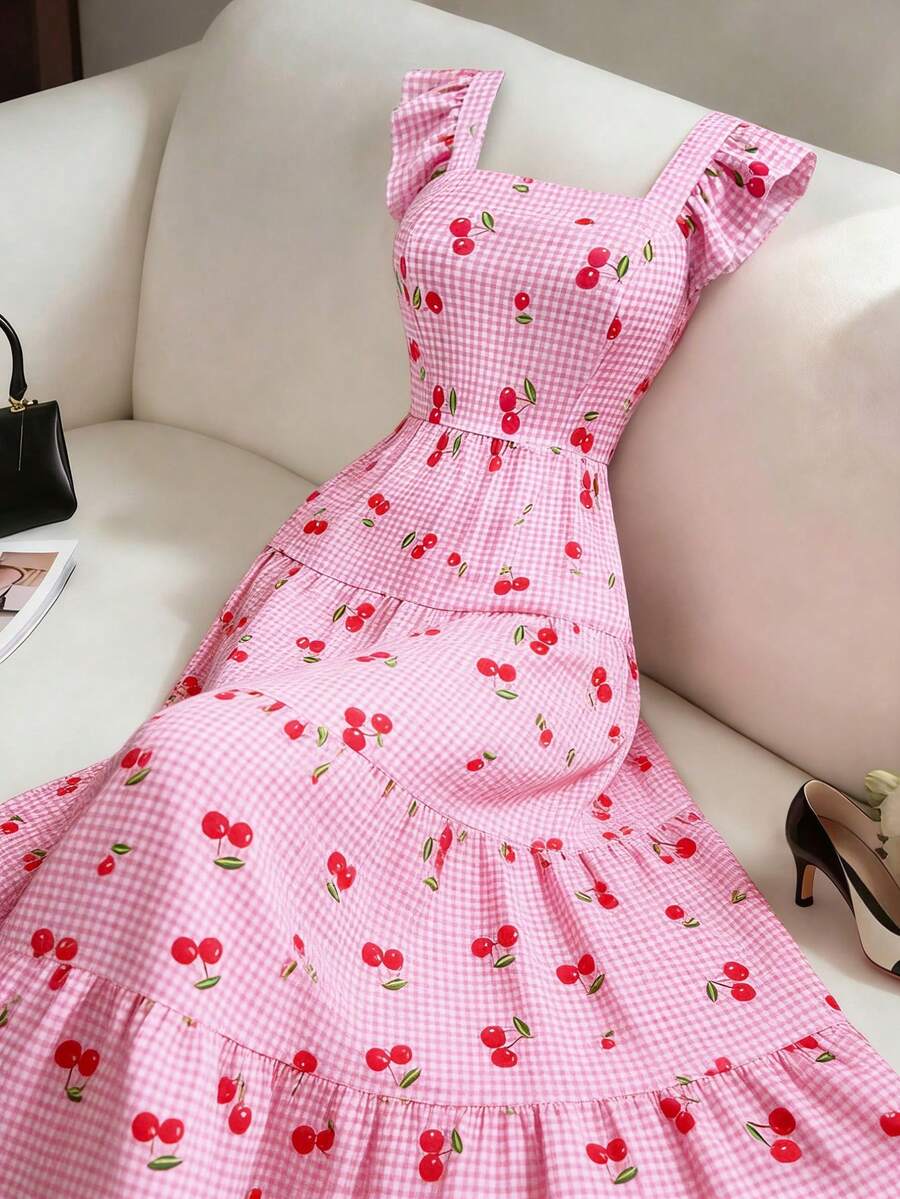 Elenzga Váy maxi tay phồng cổ vuông họa tiết caro màu hồng anh đào ngọt ngào cỡ lớn dành cho nữ thời trang xuân/hè, dáng chữ A thắt eo thanh lịch, thích hợp mặc khi đi chơi mùa xuân, mua sắm, tiệc tùng, đi làm, mặc hàng ngày - Nhiều màu - Xem 1