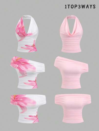 Sweetra Estilo de chica sexy americana, top de verano con cuello de halter, fruncido, con estampado floral y unicolor a juego, versátil y de moda para mujeres