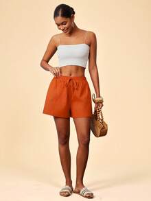Travachic Pantalones cortos de mujer de unicolor con cordón en la cintura, versátiles y casuales para vacaciones - Naranja - Ver 6