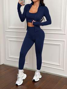 SHEIN PETITE 3件組棕色針織女款運動套裝，適合瑜伽、跑步、健身、日常穿著，秋冬女款3件式運動緊身褲套裝，適合嬌小女性 - 藏蓝色 - 查看 8