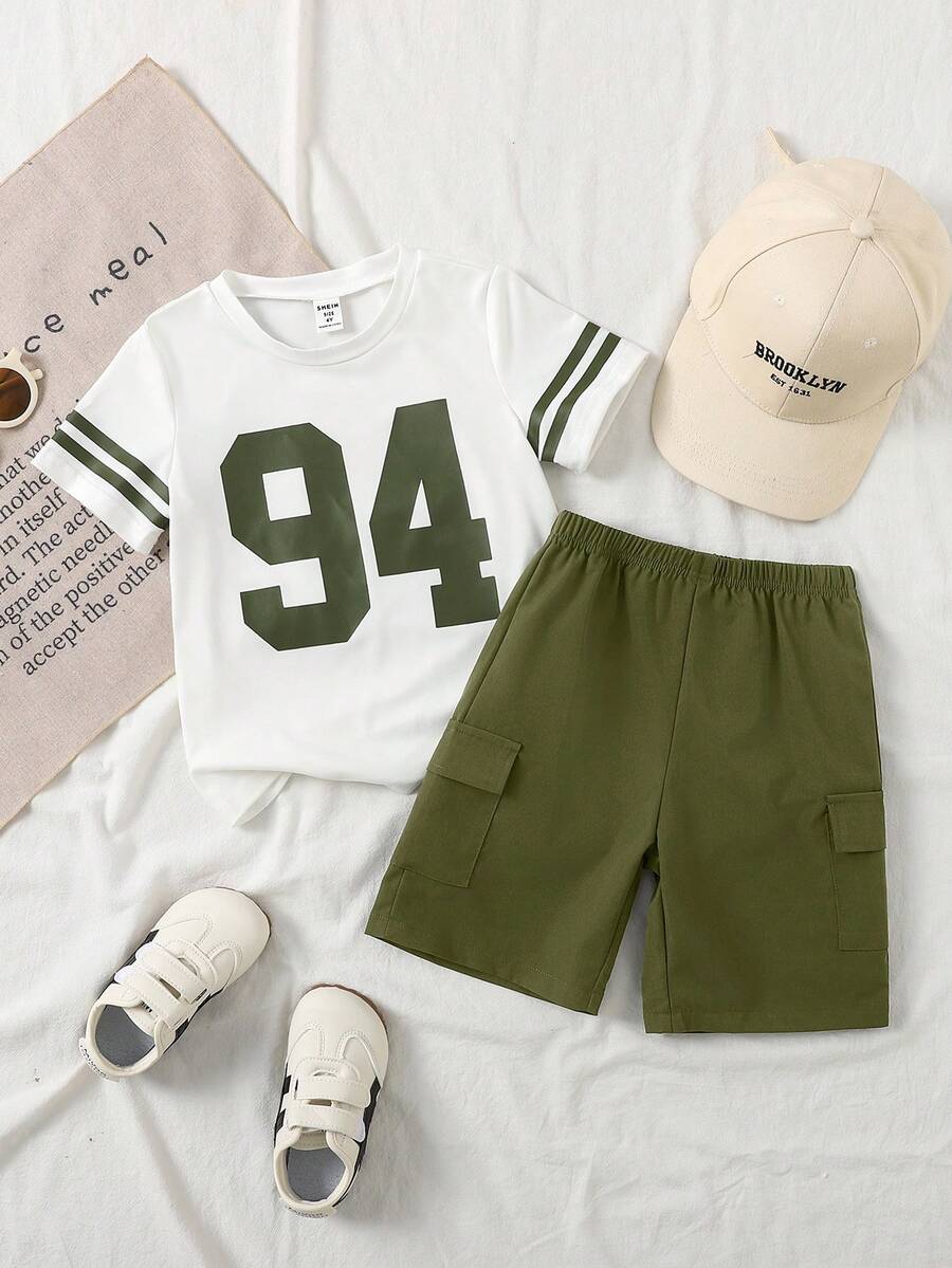 SHEIN Streecool Kids Toddler Boys' Letter 94 Print T-Shirt & Khaki Cargo Shorts 2pcs Set, Vintage Casual Outfit - Army Green - View 1