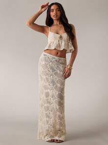 SHEIN BAE 杏色纹理钩编网纱提花半身裙，薄纱长裙，优雅半身裙，度假沙滩裙，夏季 - 杏色 - 查看 4