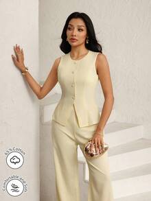 Modelyn Fashionable & Elegant Commuting Sleeveless Blazer Vest And Wide Leg Pants Suit - Light Yellow - View 8
