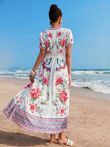 Travachic Tropical Print Tie Front Beach Dress - Multicolor - View 2