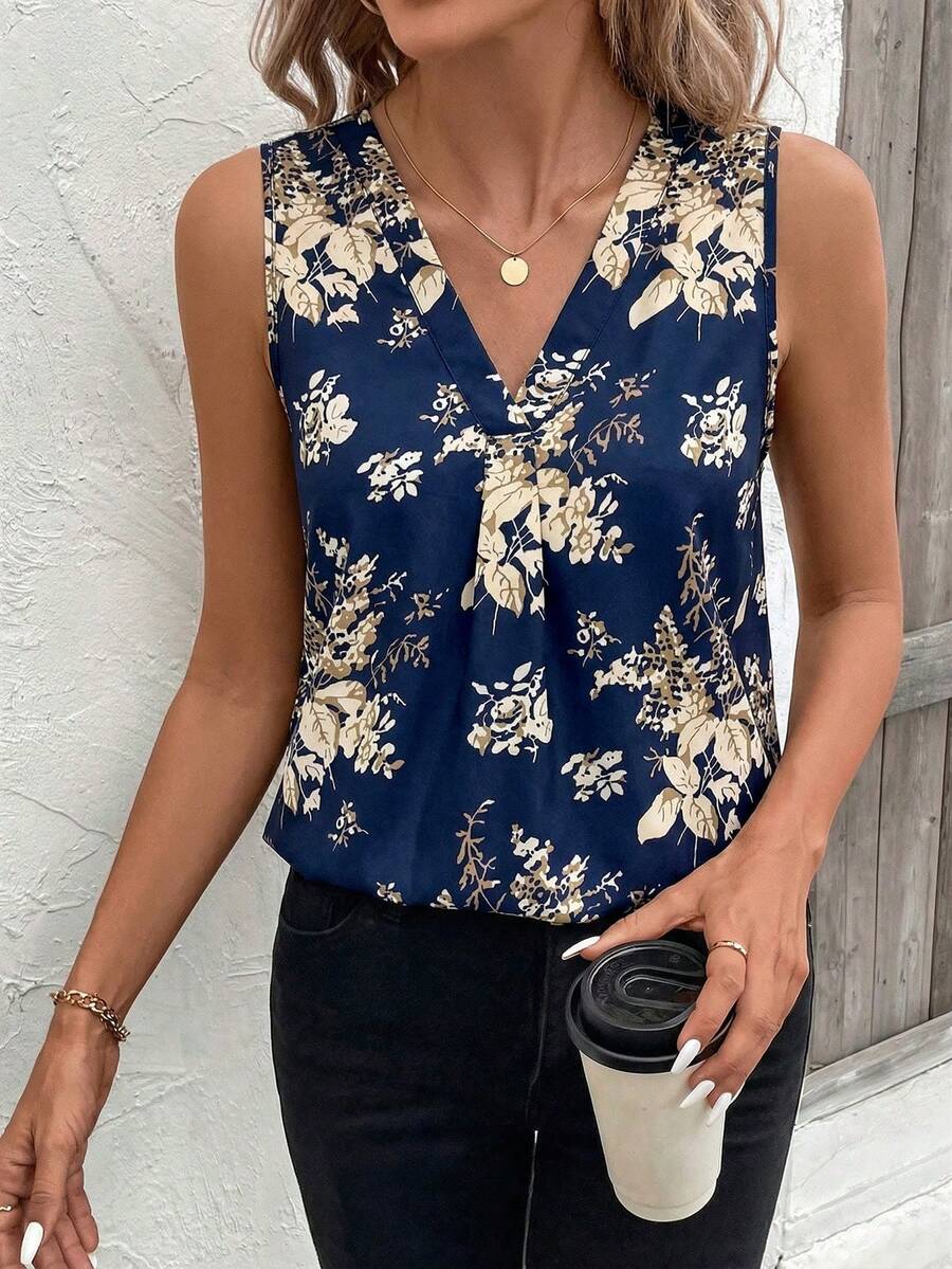 SHEIN Clasi 春夏植物印花无袖V领修身女式衬衫 - 藏蓝色 - 查看 1