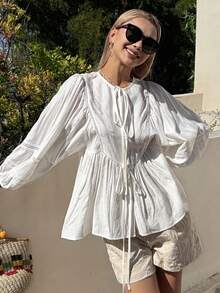 DAZY Women's Loose Textured Lantern Sleeve Tie Bow Casual Summer Blouse - White - View 6