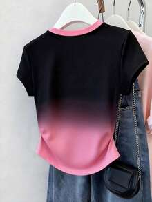 Resyla 大码女式束腰T恤，独特的黑粉渐变色，简约蝴蝶结印花设计，优雅休闲百搭夏季上衣 - 粉色 - 查看 2