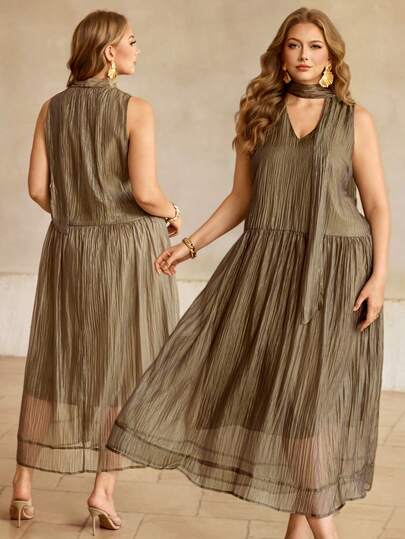 Roveilla Plus Size Women's Spring/Summer French Elegant Luxury Minimalist Design Casual Vacation Workwear Vintage Comfortable Solid Color Semi-Sheer Crinkle Fabric V-Neck Tie Strap Loose Flared Hem Pocketed Lined Sleeveless Maxi Dress