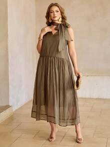 Roveilla Elegant Plus Size Casual Brown Pleated Woven Fabric Long Dress With Choker Neck And Ruffle Hem - Brown - View 4