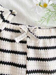 SHEIN Baby Girls' Casual Apricot Striped Jacquard Fabric Round Neck Short Sleeve Top And Striped Pants Set, Suitable For Everyday Wear, Spring/Summer - Apricot - View 8