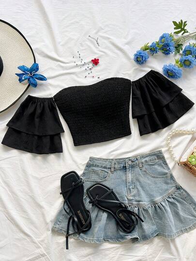 Soleia Women's Ruffled Hem Printed Tube Top, New For Spring/Summer,Black Top,Summer Tops,Summer Outfits For Women