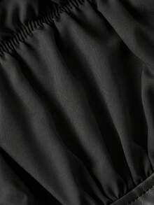 SHEIN MOD 女士黑白PU拼接灯笼袖上衣，女巫风，万圣节风，吸血鬼风，机场风，哥特风上衣，束身胸衣，黑色褶皱上衣，黑色上衣，黑色哥特风上衣 - 黑色 - 查看 4